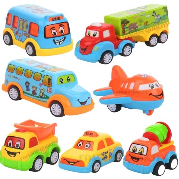 Famous Quality Plastic Unbreakable Friction Powered and Pull Back Automobile Car Plane Truck Taxi Toys for Kids - Set of 7 Pc - Image 2