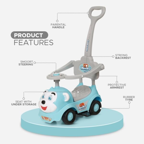 Dash Monkey 3 in 1 Ride on for Kids, Baby 2 Years+, Musical Push Car with Parental Handle and Protective Arm Rest (Capacity 20kg | Blue) - Image 6
