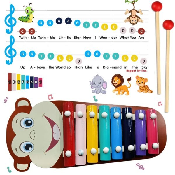 Wembley Monkey Wooden Baby Xylophone for Kids Toys for 1+ Year Old Preschool Educational Learning Instruments Keyless Piano with 2 Sticks Musical Toy for Kids Girls Boy Children Non Toxic BIS Approved