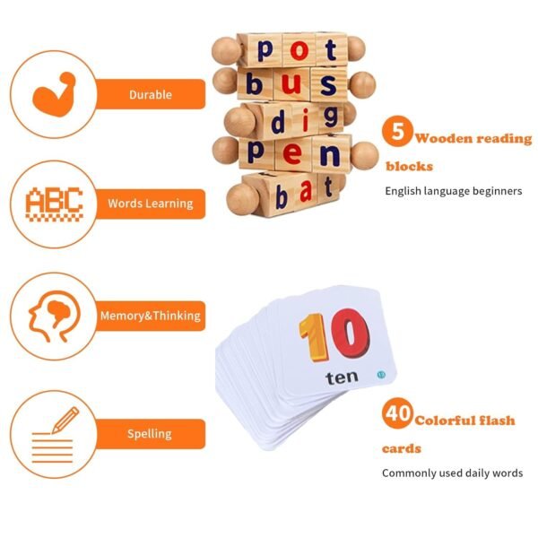 Wooden Reading Blocks,Montessori Toys for Toddlers 2 3 4 Years Old,Flash Cards Turning,Short Vowel Rotating Matching Letters Toy for Kids,Wooden Spelling Toy,Sight Word Games - Image 4