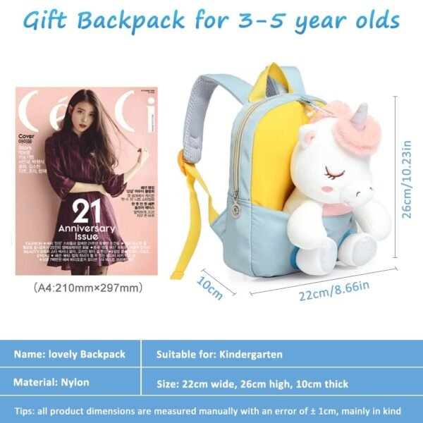 AGC Backpack With Cartoon Unicorn Stuffed Soft Toy(Detachable) Baby Kids for Girls & Boys for 3-5 Years Old Child (Small) (Color-Yellow,Gray) (Pack Of 1) - Image 3