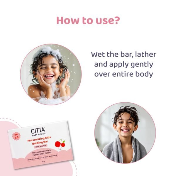 CITTA Moisturizing Kids Bathing Bar for Sensitive Skin | Kids Bathing Bar | Cleansing & Moisturizing | 100% Soap Free, Tear-Free | pH balanced | Enriched With Olive Oil & Vitamin E | Infused With IFRA-Certified Cherry Fragrance | Prevents Post-Bath Dryness | 75 gm | Pack of 4 - Image 4