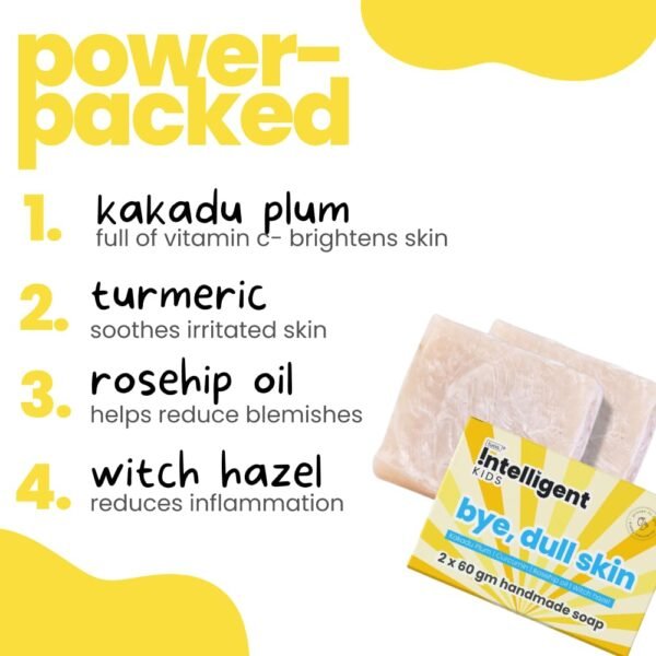 Tuco® Kids Bye, Dull Skin Soap Pack of 2X60gm with Turmeric | Perfect for Dull & Sensitive Skin | Paraben & Sulphate Free | Ages 2-5, 5-10, 10-15 | 2x 60gm - Image 4