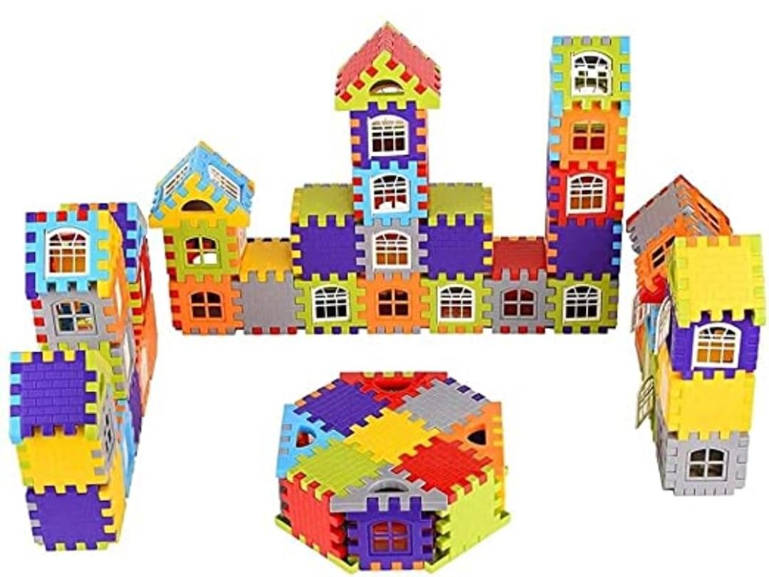 MBK Building Blocks Toy Set for Kids 2-5 Years - My Happy House 60+ Pcs Medium Sized Blocks Game with Attractive Windows and Smooth Edges Educational Block Game for Boys and Girls