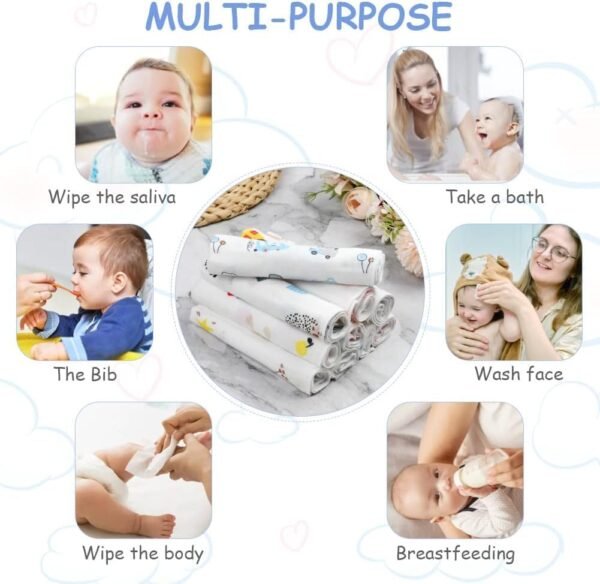 7 Pcs Muslin Cotton Cloth Premium Baby Washcloth for New Born, Washable, Reusable, Absorbent, Extra Soft Face Towels/Hankies for Babies, Stars, Balloons Print - Image 4