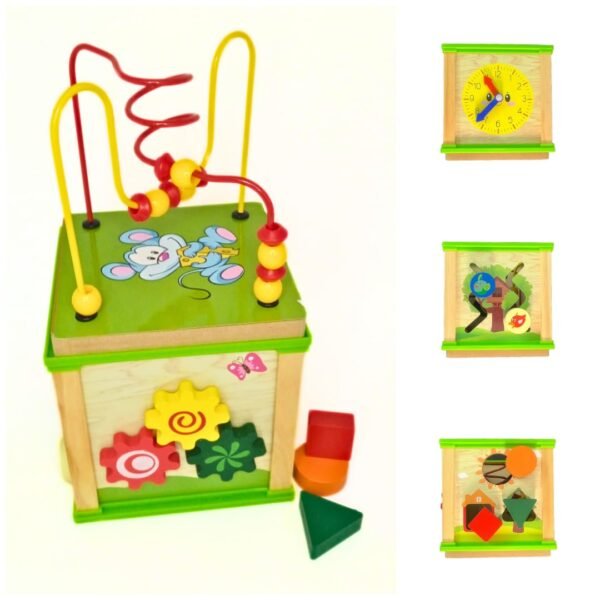 5 in 1 Montessori Themed Activity Cube for Kids 1-4 Years (Beads Maze + Colourfull Clock + Gear Wheels + Shape sorter + Routing Insects)