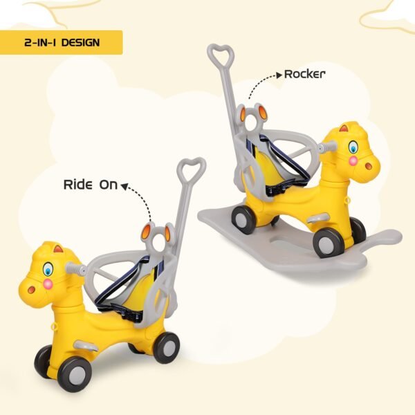 Amazon Brand - Jam & Honey 3-in-1 Ride-on Car and Rocker for Kids | Parental Handle | for 2-5 yrs | Non-Toxic HDPE Material | Sturdy and Durable | Safety Belt | BIS Approved (Yellow & Grey) - Image 5