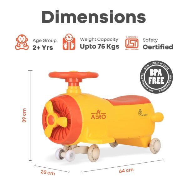 R for Rabbit Iya Iya Aero Kids Swing Car, Scratch Free PU LED Wheels with ABEC7 Bearing, Baby Ride on Magic Toy Panda Car for 2+ Years Boys & Girls, Upto 75 Kgs (Yellow Orange) - Image 2