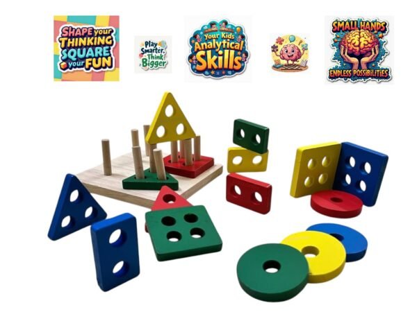 Wooden Square Base Geometric Blocks Four Shapes Four Colour Stacker Shape Sorter Column Puzzle for Kids Age 2-6 Years (Wooden Square Base Shapes) - Image 5