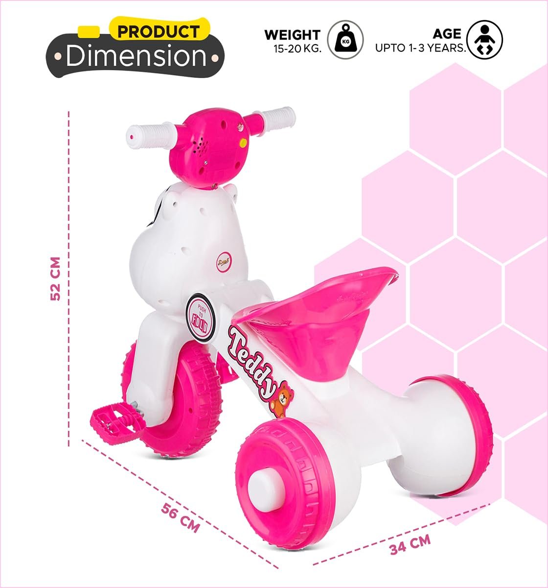 Dash Teddy Foldable Tricycle for Kids 1-3 Years, Baby Cycle With Light and Music (Capacity 20Kg | Pink) - Image 2