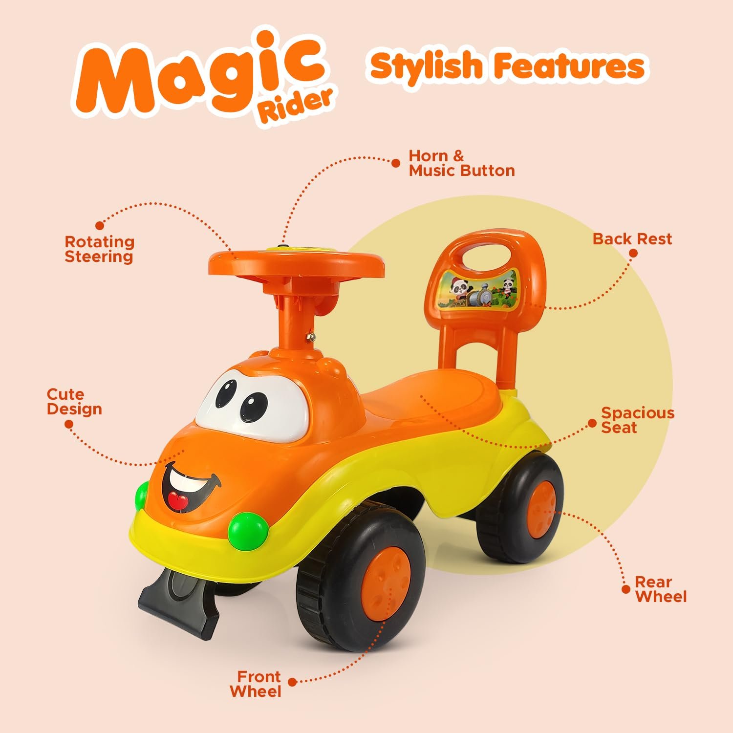 NHR Magic Rider Push Car Ride-On for Kids with Fun, Safe, and Entertaining Ride Music 1-3 Year (Orange) - Image 5