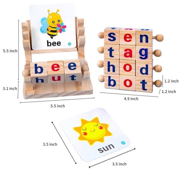 Wooden Reading Blocks,Montessori Toys for Toddlers 2 3 4 Years Old,Flash Cards Turning,Short Vowel Rotating Matching Letters Toy for Kids,Wooden Spelling Toy,Sight Word Games - Image 3