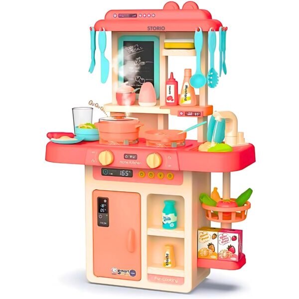 Storio Toys Kitchen Set for Kids Girls Big Cooking Set Light and Sound Pretend Play Toy Battery Operated with Accessories,Pink