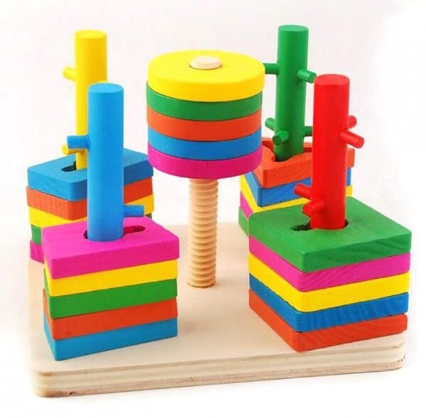 Wooden 4 Shape Sorting & Stacking Toys for Toddlers, Montessori Color Recognition Stacker, Early Educational Blocks Puzzles 1-3 Years Old Age Boys and Girls (4 Shapes) (20 pieces) - Image 3
