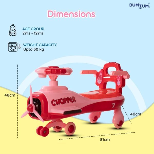 BUMTUM Lighting Effect Chopper Swing Car Toy Ride On Cars for Kids 1 to 5 Years | Push Rider | Comfortable Seat with Back Rest (Red) - Image 2