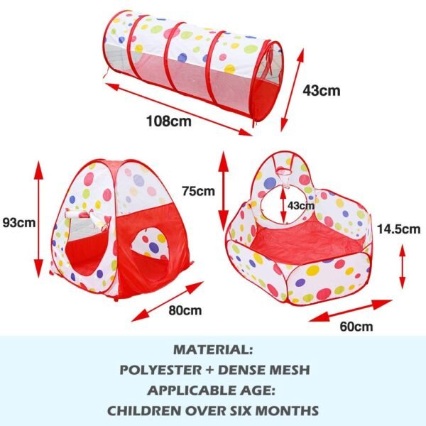 BabyGo Portable Kids 3-in-1 Colorful Dotted Theme Tunnel Playhouse Ball Pool Ball Pit Tent Summer Indoor Outdoor Play Fun Toy (Balls not Included, Multi Color) - Image 2