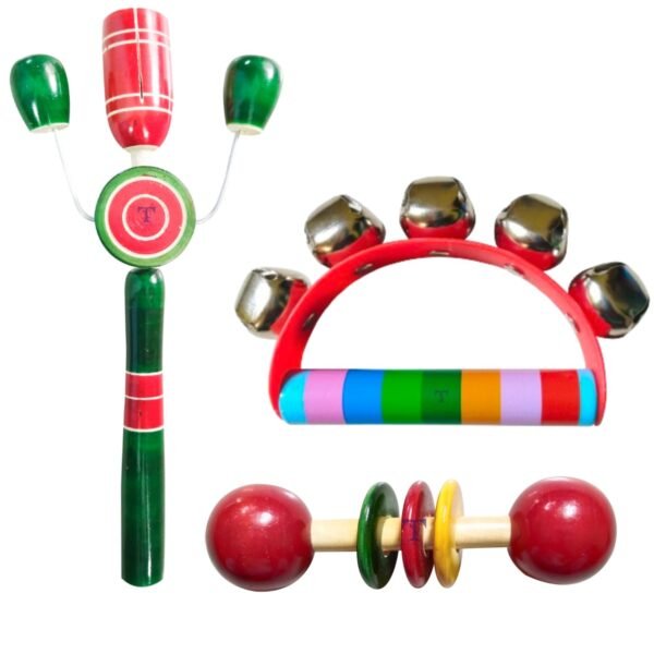 Nimalan\'s Toys Colourful Wooden Baby Rattle Toy - Hand Crafted Rattle Set for Kids - Musical Toy for Newly Born - Baby teethers (TIK,Handle Rainbow,teether spl)