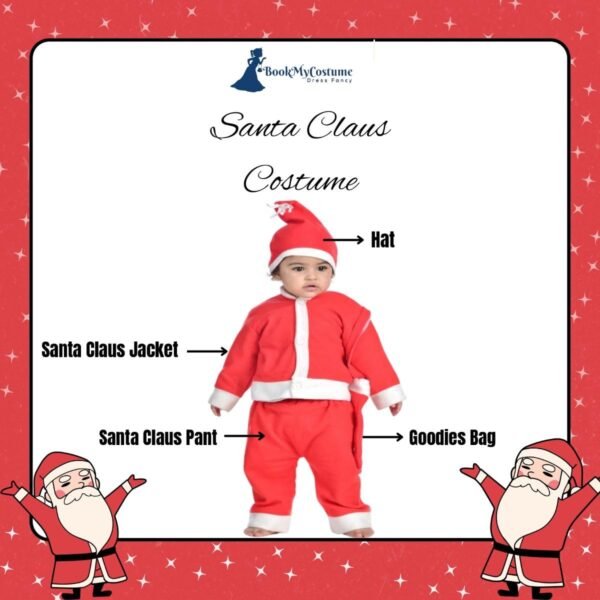 BookMyCostume Santa Claus Dress Set of 4 (Jacket, Bottom, Bag, & Cap) Kids & Adults Christmas Costume - Image 5