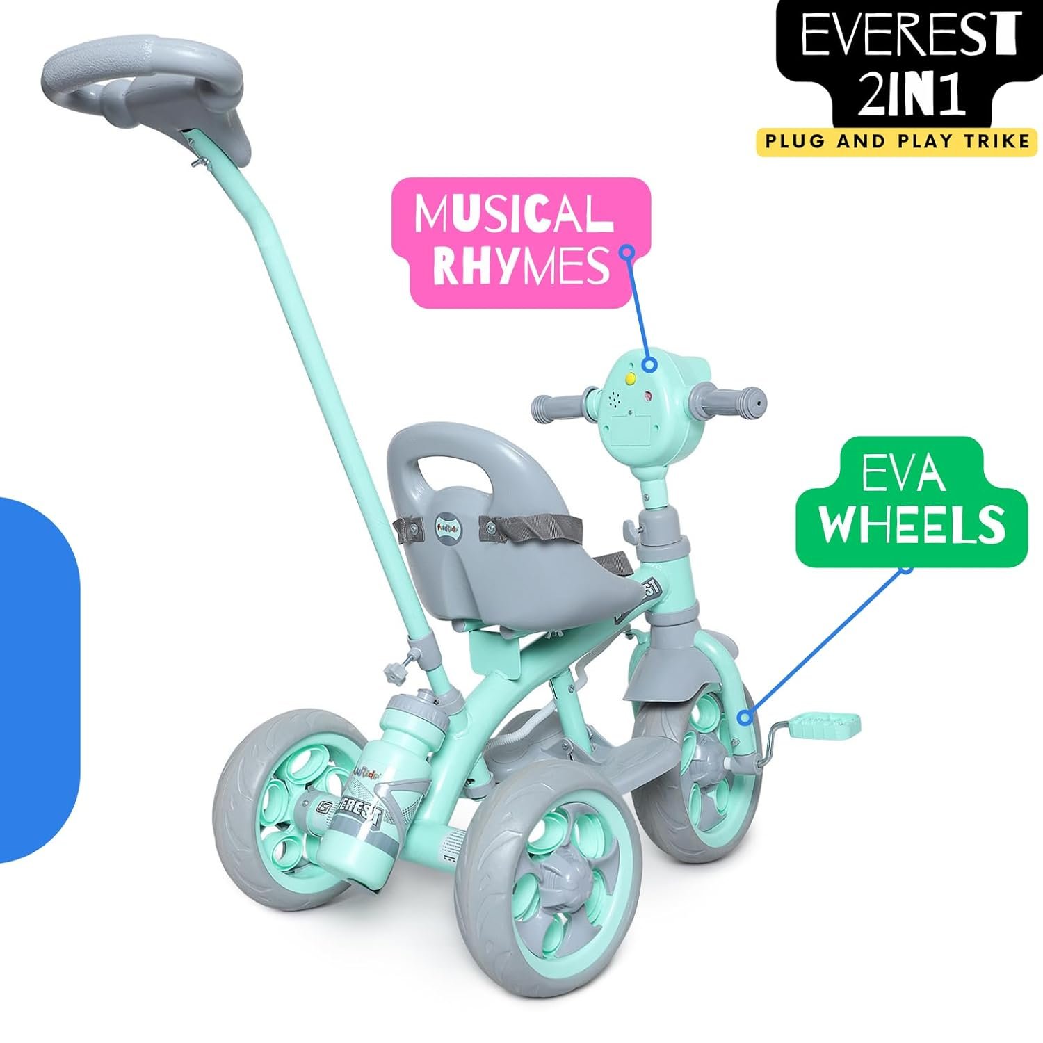 Fun Ride Tricycle Kids Musical Plug and Play Parental Control Handle for 1 to 5 Year-Sipper,Seat Belt,Eva Tyre -Trike for Indoor and Outdoor-Boys and Girls Up to 25 Kg- Made in India (Green) - Image 6