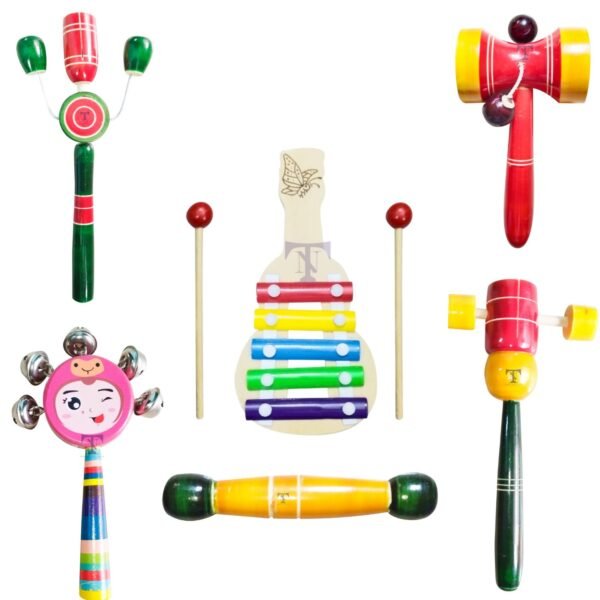 Colourful Rattles and Xylophone Toys for Kids - Non-Toxic Attractive Rattle for New Born – Wooden rattles and xyolophone with teether (Pack of 6) (Colour May Vary)