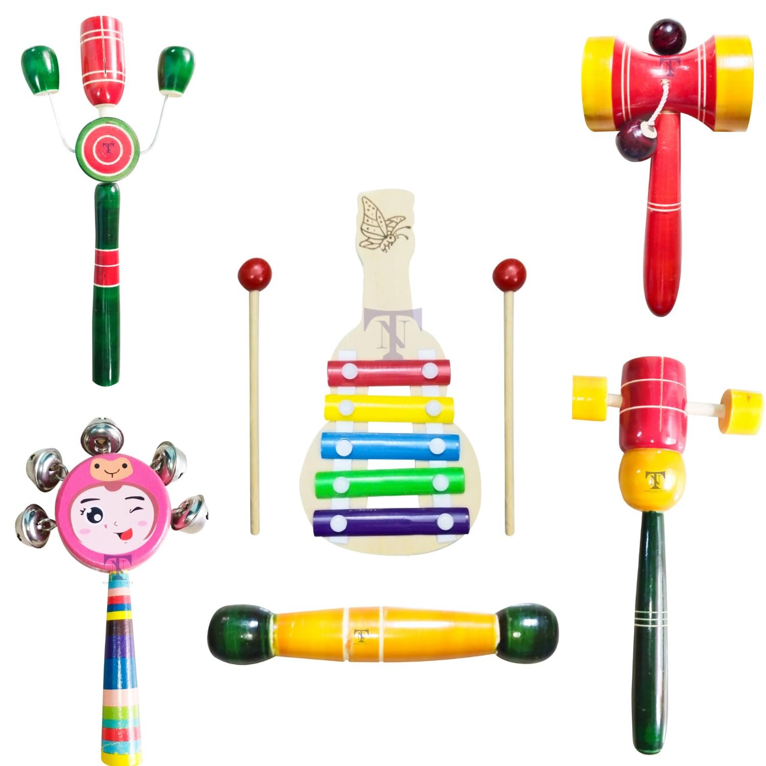 Colourful Rattles and Xylophone Toys for Kids - Non-Toxic Attractive Rattle for New Born – Wooden rattles and xyolophone with teether (Pack of 6) (Colour May Vary)