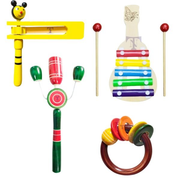 Colourful Rattles and Xylophone Toys for Kids - Non-Toxic Attractive Rattle for New Born - Wooden Ring Teether for New Born Babies - Baby Teethers (Pack of4) S, TIK Big, Kir Kir, Ring teether