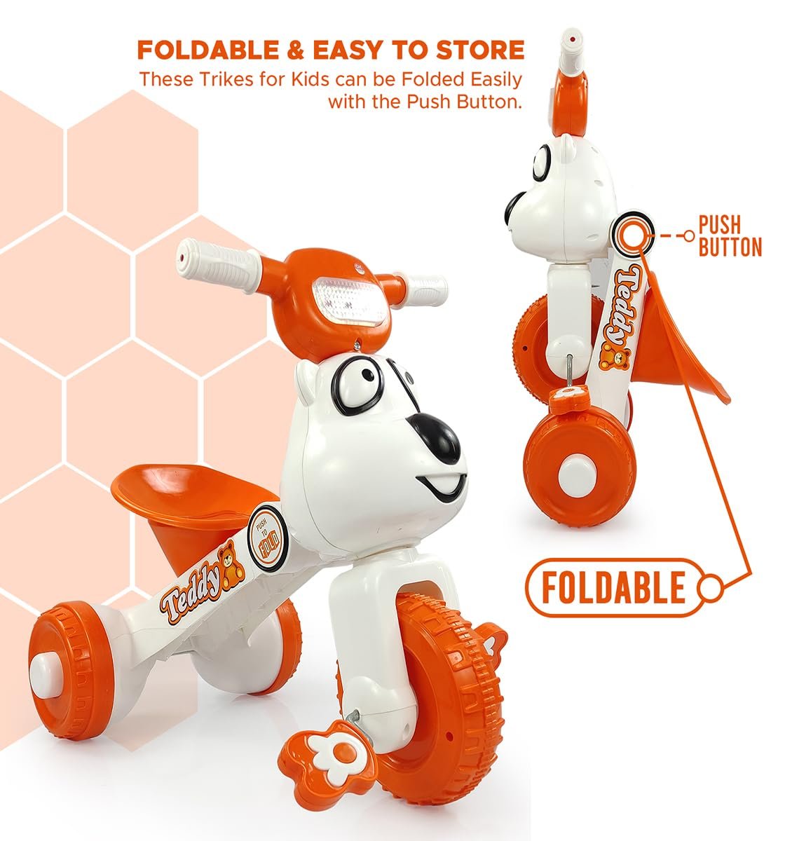 Dash Teddy Foldable Tricycle for Kids 1-3 Years, Baby Cycle With Light and Music (Capacity 20Kg | Orange) - Image 3