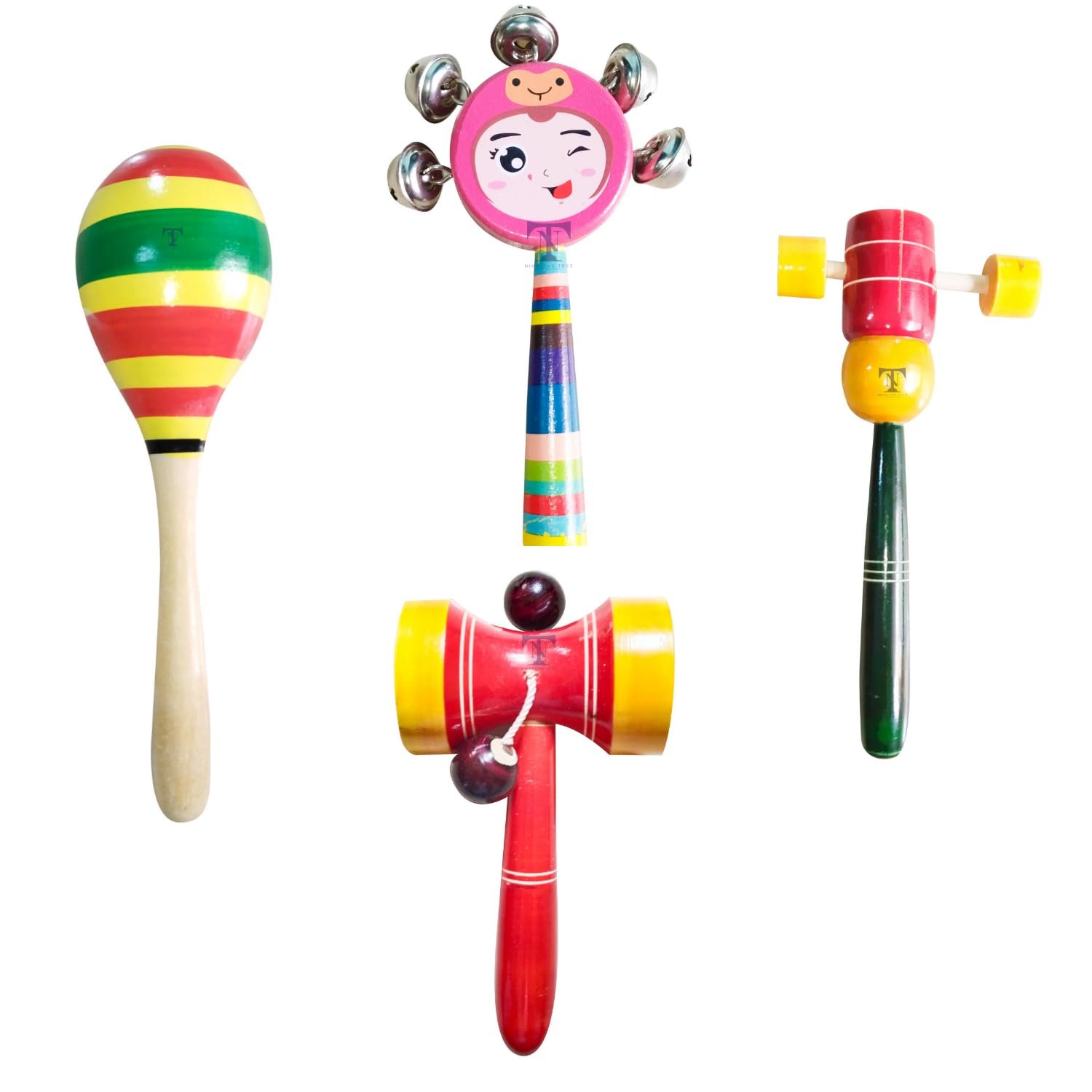 Colorful Wooden Baby Rattle Toy - Hand Crafted Rattle Set for Kids - Musical Toy for Newly Born (Pack of 4) Egg Rattle, face Rattle, damaru Rattle, face TIK tok Rattle (Colour May Vary)