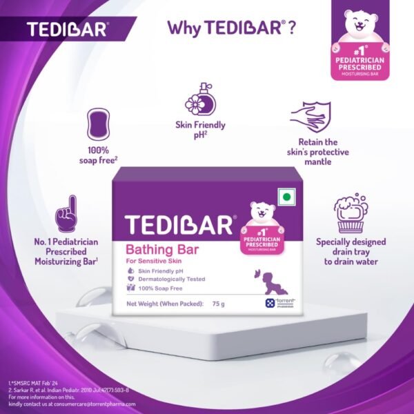 Tedibar Moisturising Baby Bathing Bar 75g (Pack of 1) 100% Soap Free No. 1* Pediatrician Prescribed Moisturising Bar - By Torrent Pharma - Image 5
