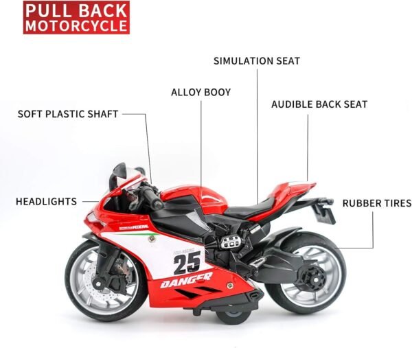 Police Motorcycle Toy - Pull Back Motorcycle Toys, Tiny Gift with Music Lighting, Latte Motorcycles Toy for Kids Boys Age 3-8 Year Old [New] (R1-RED) - Image 2