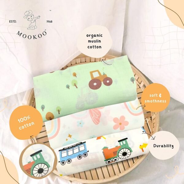 Baby Muslin Bath Towel for Newborn Baby | Gentle & Ultra-Absorbent | Muslin Cloth Bath Towel for Newborns | Tractor-Train-Butterfly Design | Pack of 3 | - Image 3