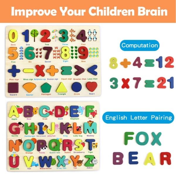 TRENDYKIDS Wooden Educational Puzzles ABCD & 123, Wooden Alphabet Number Shape Puzzles Toddler Learning Puzzle Toys for Kids 3-6 Years Old Boys & Girls, 2 in 1 Puzzle for Toddlers (ABCD&1234 Puzzle) - Image 3
