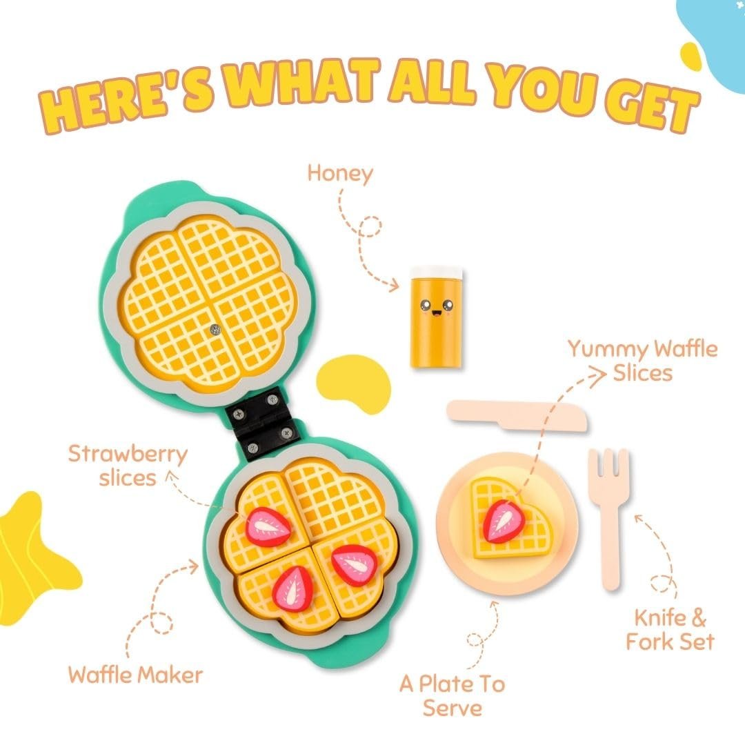 Cots and Cuddles Wooden Waffle Maker Toy Set for Kids | Pretend Play Food Set with Waffles, Plate, Strawberry Slices, Knife & Fork | Toy Kitchen Playset for Boys & Girls - Image 4