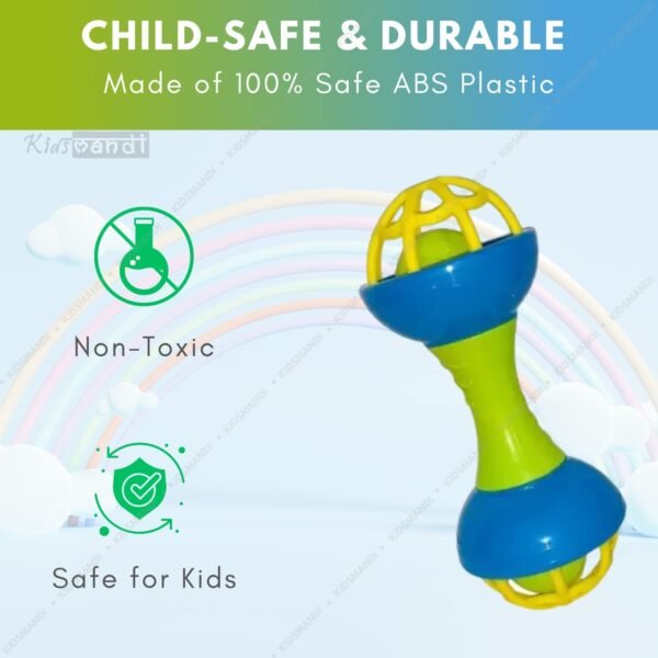 Kids Mandi Plastic Colourful Lovely Attractive Baby Dumbbell Shape Rattle & Teether Toys Set of 1 Pcs for Babies, Toddlers, Infants & Children (Multicolour) - Image 3