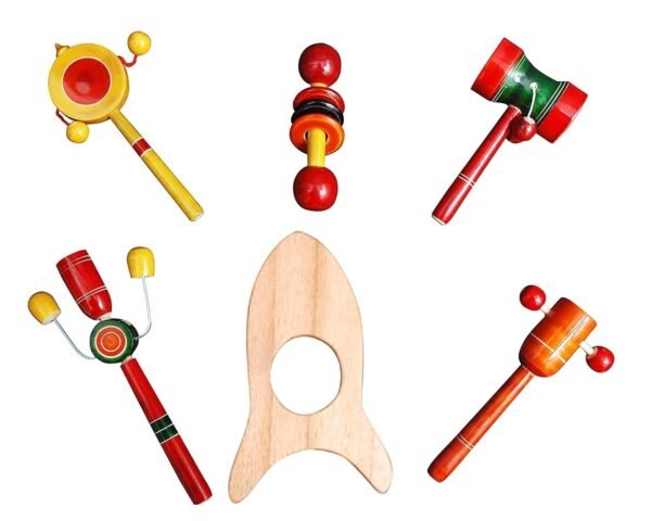 Wooden Rattles & Teether for Baby, Infants, New Born Babies Toys (0 to 6 to 12 Months) - Set of 6 pcs - Non Toxic Multicolor - Made in India - Discover Sounds & Sensory Skills - Image 5