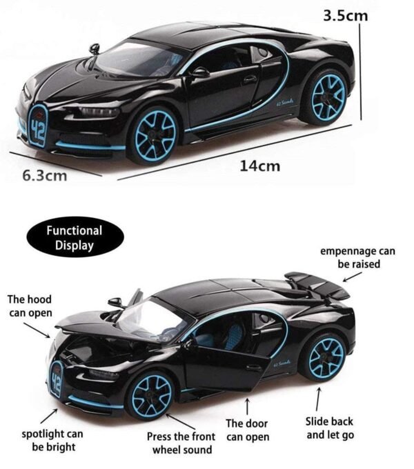 1:32 Scale Bugatti Chiron Die-Cast Metal Cars with 4 Openable Doors Light and Musical Sound, Pull Back Action Vehicle Toy for Kids?Colors as Per Stock? - Image 2
