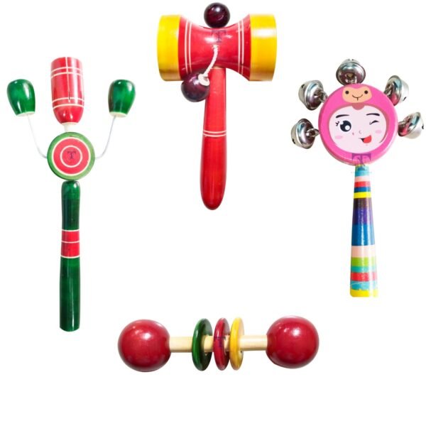 Colourful Wooden Baby Rattle Toy - Hand Crafted Rattle Set for Kids - Musical Toy for Newly Born - Wooden Teether for New Born Babies - Baby Teethers(pack of 4)Tik S, face, dumura rattle, teether spl