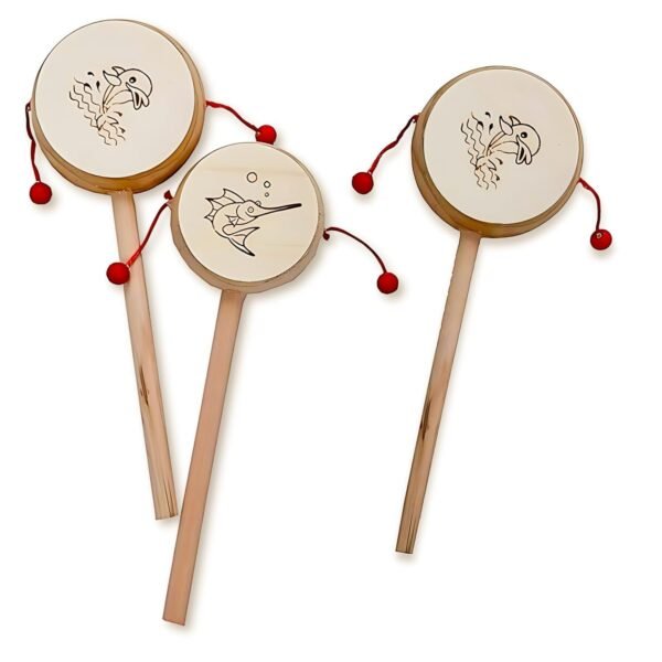 Wooden Damru Rattle Toys for Baby, Infants, New Born Babies (0+ Years) - Cage Rattle - Multicolor - Set of 3 pcs - Discover Sounds