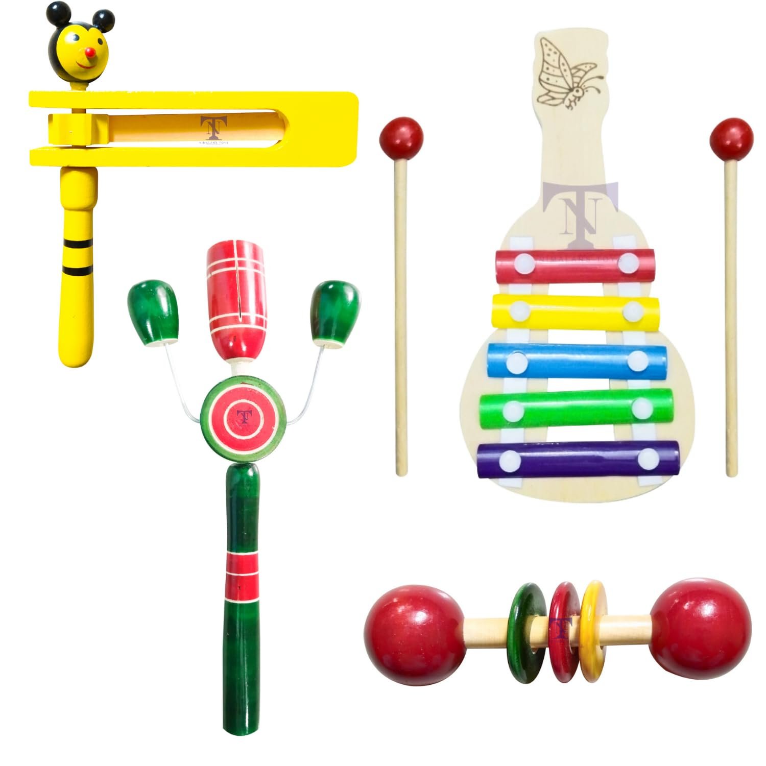 Colourful Rattles and Xylophone Toys for Kids - Non-Toxic Attractive Rattle for New Born - Wooden Teether for New Born Babies - Baby Teethers(Pack of 4) TIK Big,Kir Kir, Xylophone S, teether spl