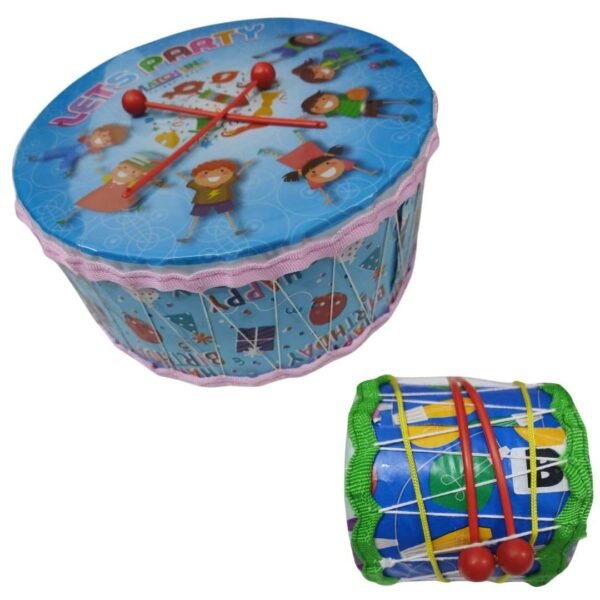 Plastic Large Drum Dholak for Kids with 2 Sticks & Free 1 Plastic Cute Small Drum with 2 Sticks (Buy 1 Get 1 Free Combo | Girl and Boys | Combo 2 Pcs | Multi-Colour | Age 0-6 Years