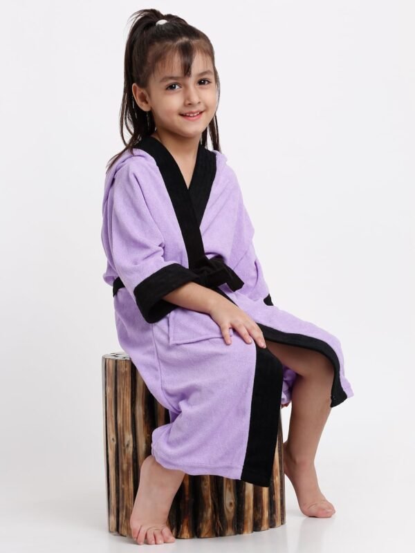 Premium Melodious Unisex Hooded Children\'s Bathrobe - Cozy and Absorbent Robe with Adjustable Belt and Pocket for Kids Ages 10-11 Years (Lilac & Black) - Image 4