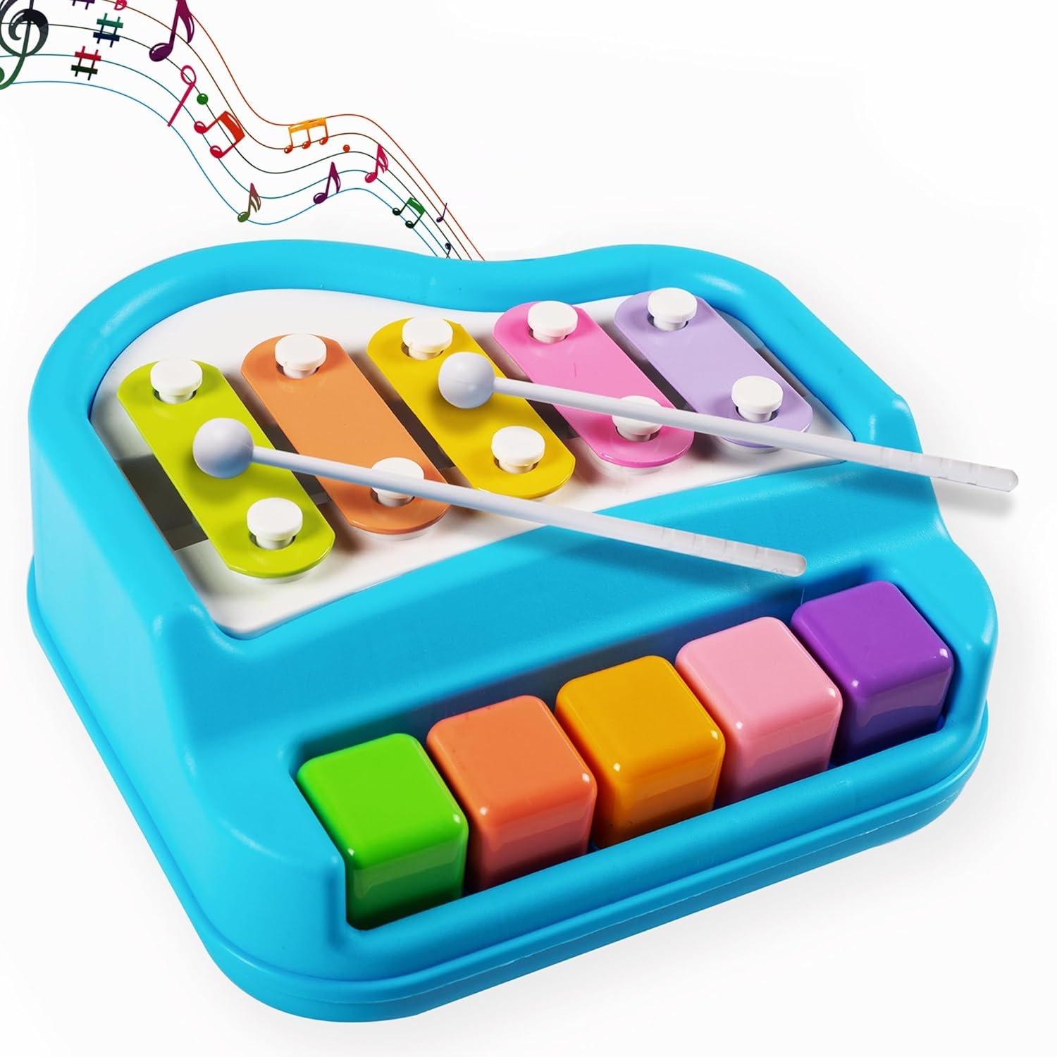 Gooyo 1503 Non Battery 2 in 1 Mini Piano and Xylophone Toy with Colorful Keys & 2 Mallets for Babies/Girls/Boys/Kids/Gifts | Blue Color (Battery Not Required)