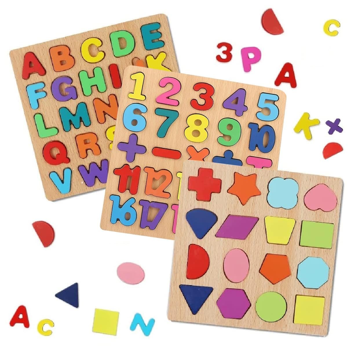 PRAYAASHEEâ„¢ Wooden Learning Educational Boards for Kids, Educational Puzzles for 2 Years Old Boys & Girls, Toddlers & Preschoolers, ABCD 1234 Toys for Kids, 3-in-1 Set (Alphabets, Numbers & Shapes)