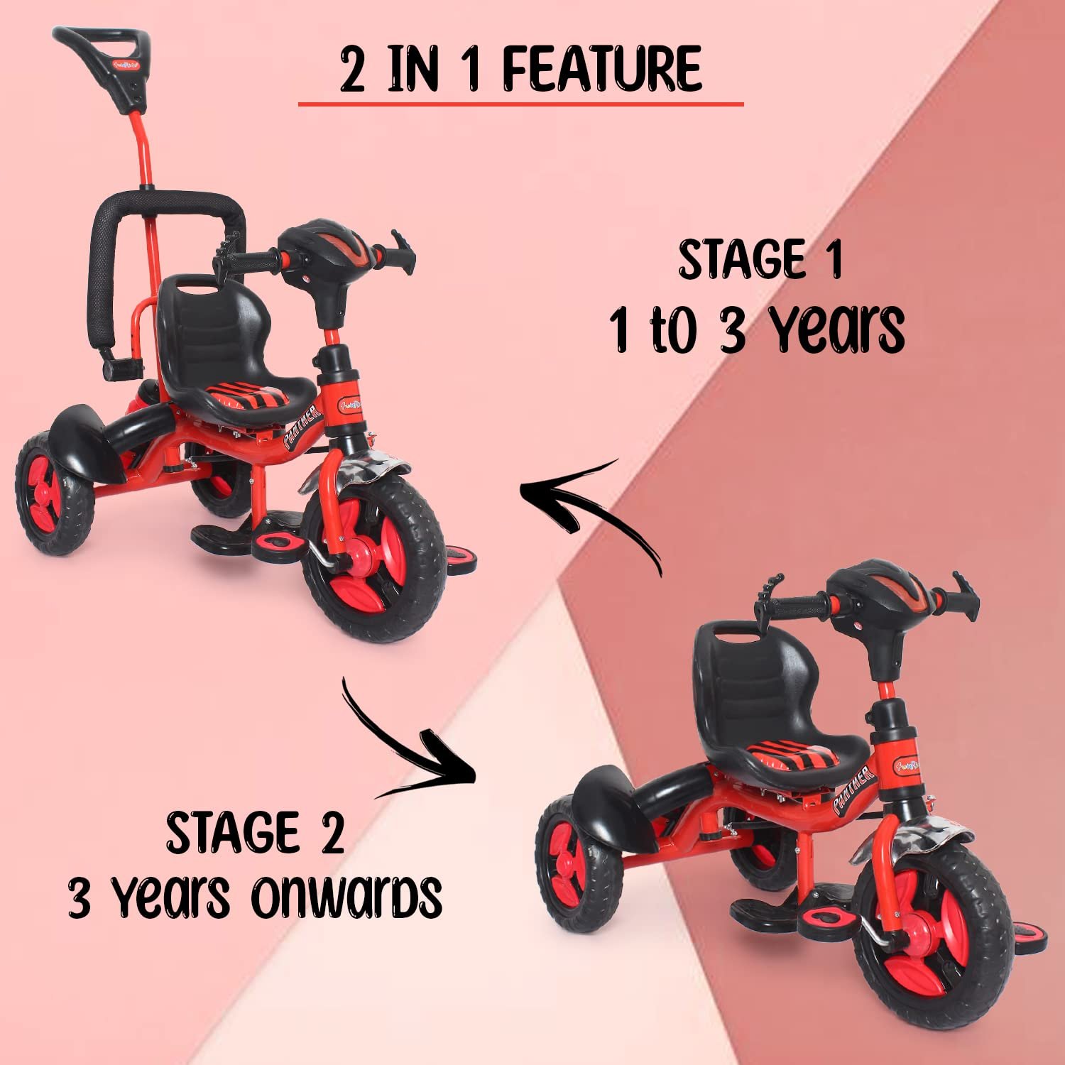 Fun Ride Kid\'s Tricycle Panther 2in1 for 1 to 5 Years - Plug and Play Baby Trike with Music and Lights with Removable Parental Control Handle - Red (Weight - Upto 25 Kg) - Image 3