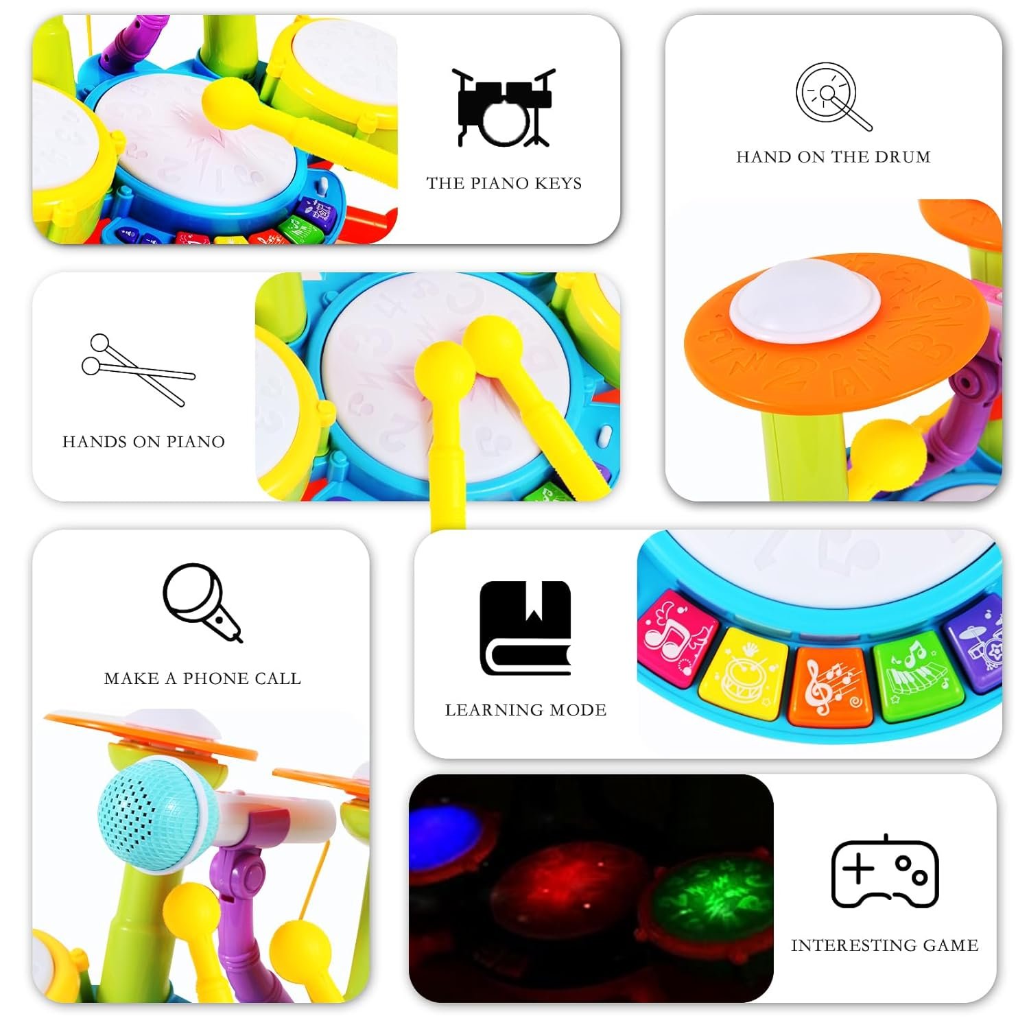 Kids Drum Kit, Toddler Drum Kit 1-3 with 2 Drumsticks, Flash Light and Adjustable Microphone, Birthday Gifts for Boys Girls 1-6 Years Old - Image 6