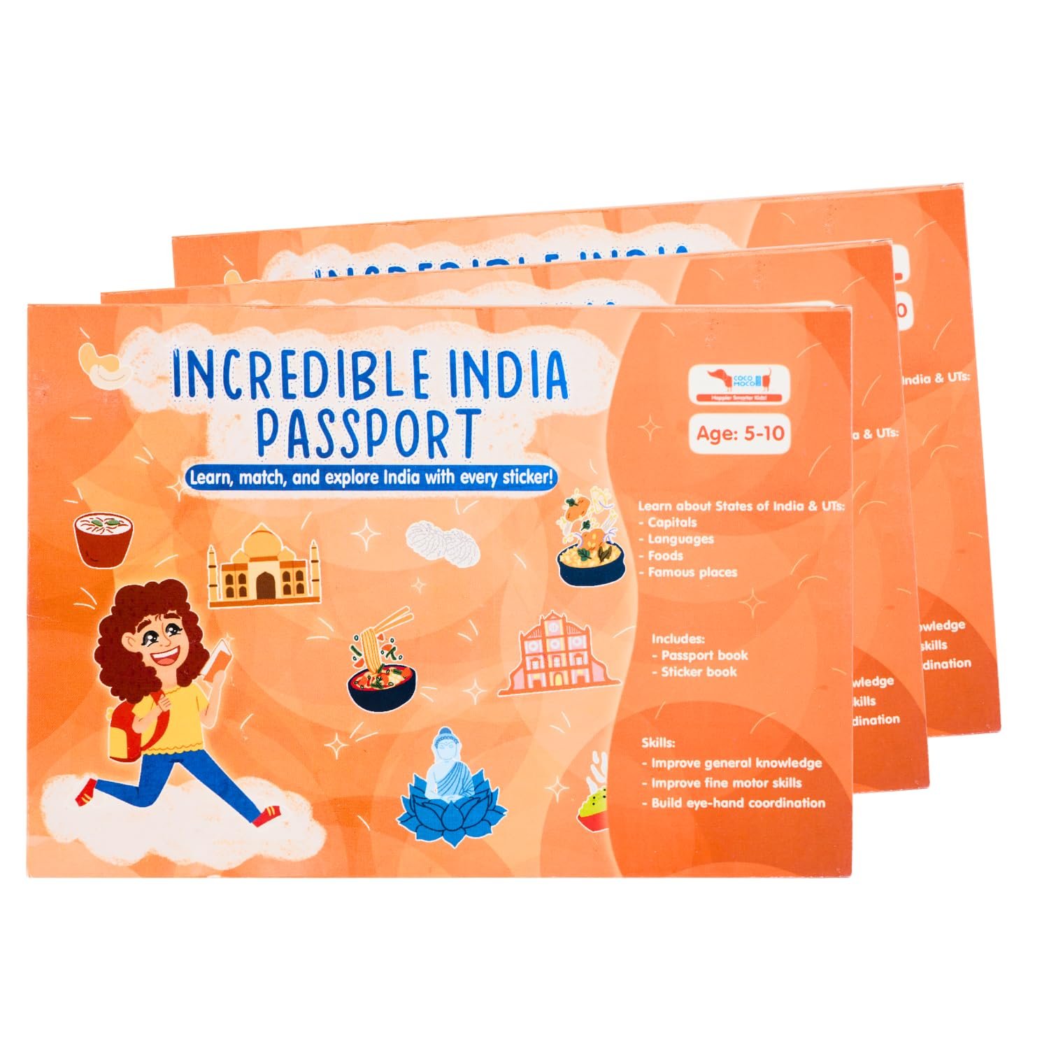 CocoMoco Kids India Passport for Kids, Learn About States of India & UTS, Geography Educational Toy Activity Kit with Stickers, Ages 4-5, 6-7, 8-10, 11 Year Old (Pack of 3)