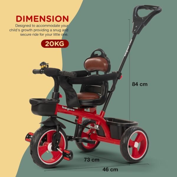 Baybee Albine 2 in 1 Baby Tricycle for Kids, Plug N Play Kids Tricycle with Adjustable Parental Control, Safety guardrail & Cushionseat Baby Kids Cycle, Baby Tricycle for 1.5 to 5 Year (Red) - Image 2