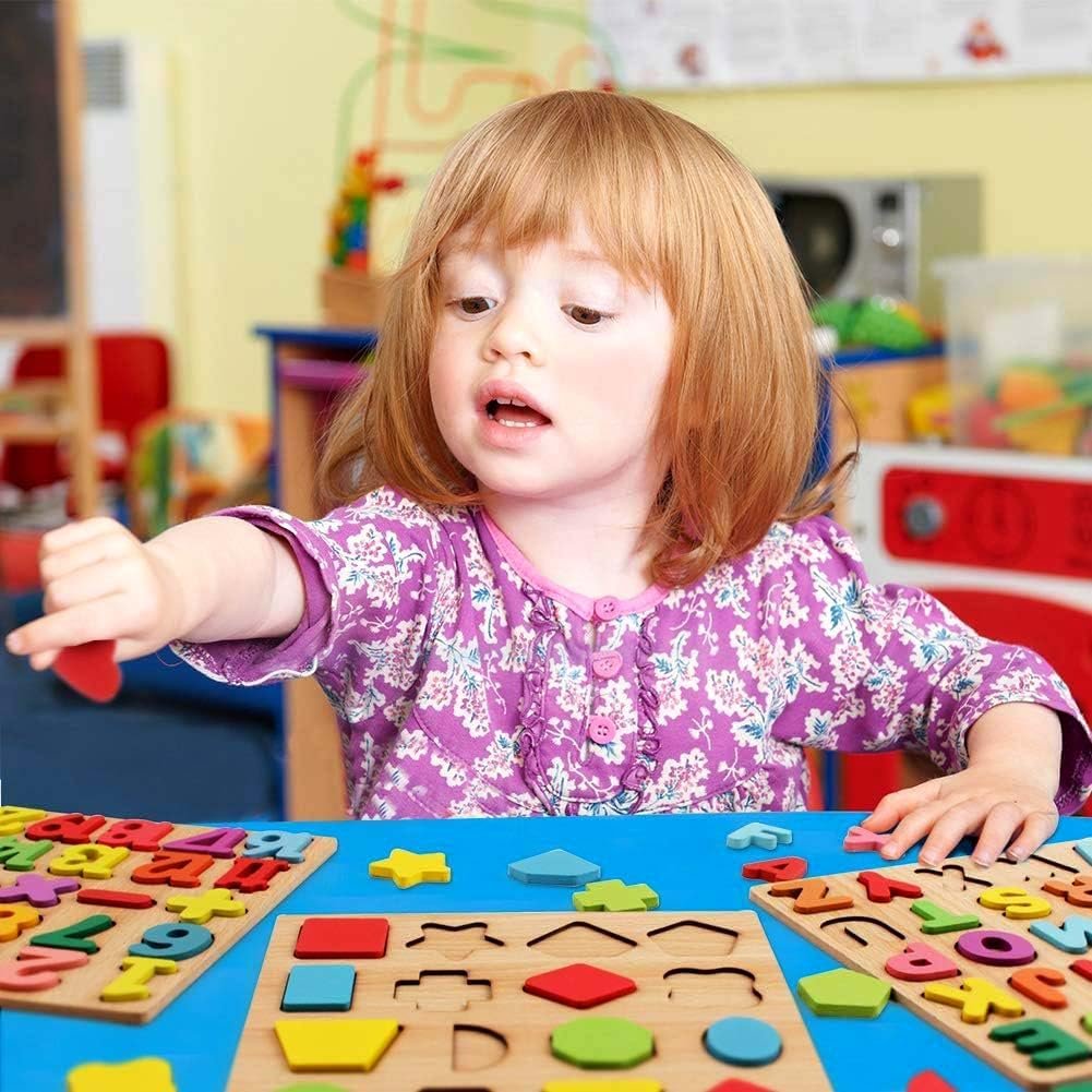 Desi Bazaar & co Wooden Puzzle Set - ABCD Alphabets, Numbers Educational Toy | Learning Board for Toddlers & Preschoolers | Safe Non-Toxic Wood | Durable Perfect for Kids Aged 3-5 Years