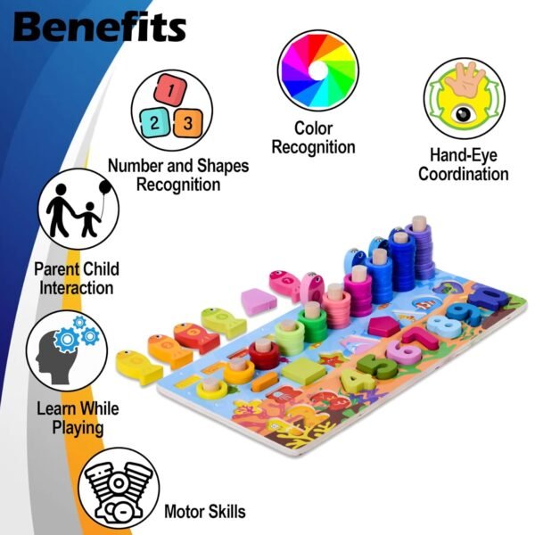 WISHKEY Wooden 6 in 1 Multifunctional Learning Board Puzzle, Numbers, Shapes, Fishing Game, Stacking, Montessori Game Educational Toys for Kids, Multicolour, 3+ Years (Pack of 1) - Image 6