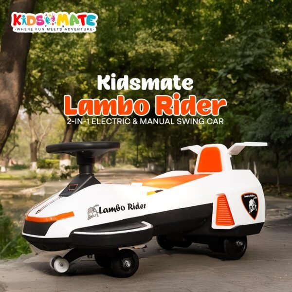 Kidsmate Lambo Rider 2-in-1 Electric & Manual Swing Car | Battery-Operated Ride-On for Kids 1-4 Years | LED Lights, Music & Smooth PU Wheels for Endless Fun - White - Image 3